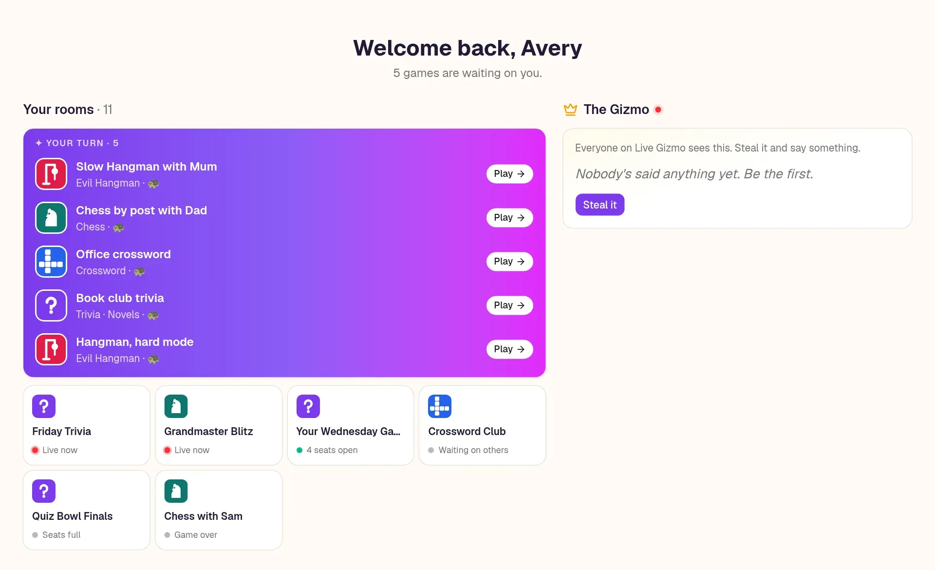 The Live Gizmo home page for a signed-in player